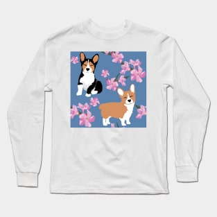 Cute Corgi Dogs and blue denim floral Long Sleeve T-Shirt
